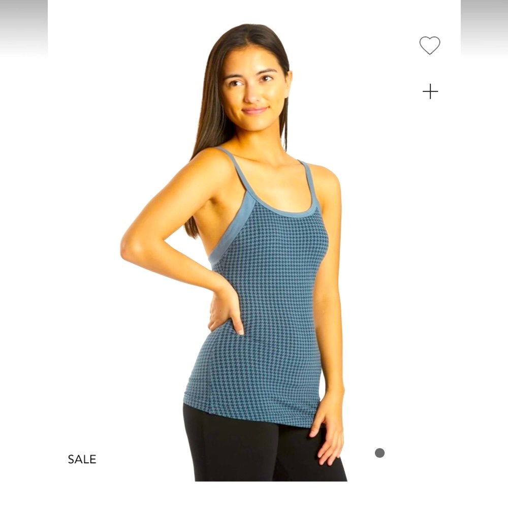 HardTail shelf tank Fastback Bra blue houndstooth. yoga support, spaghetti strap